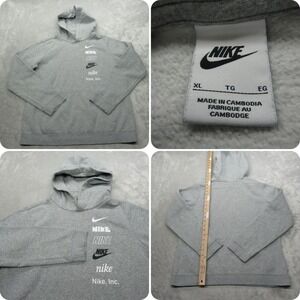 Nike Logo Hoodie Older Boys XL Gray Graphic Pockets Fleece Pullover Sweatshirt
